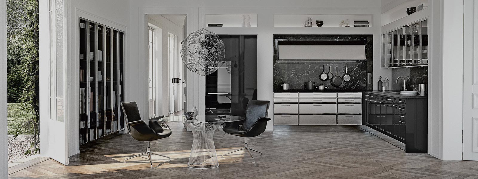Compleet ingerichte SieMatic Classic Beauxarts keuken met zwart en grijs tinten.